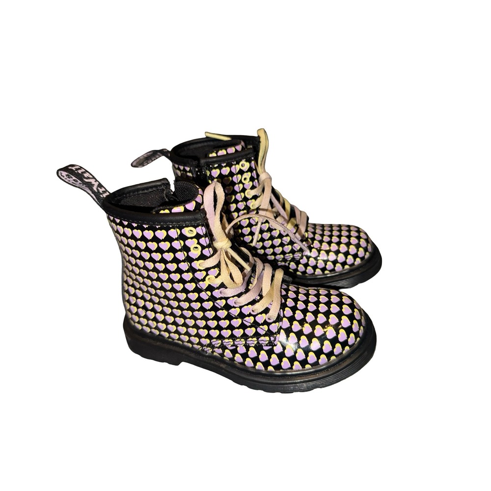 Dr. Martens 1460J Lace Up Patent Leather Heart Print Boots💜💛 Size US 10 girls